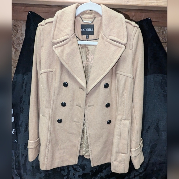 Express Wool Beige Pea Coat Size Medium EUC - Picture 2 of 8